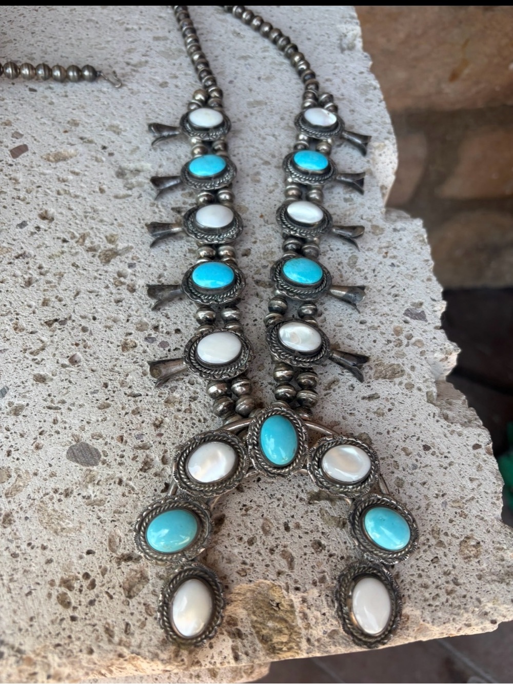 Vintage turquoise and mother of pearl squash blossom